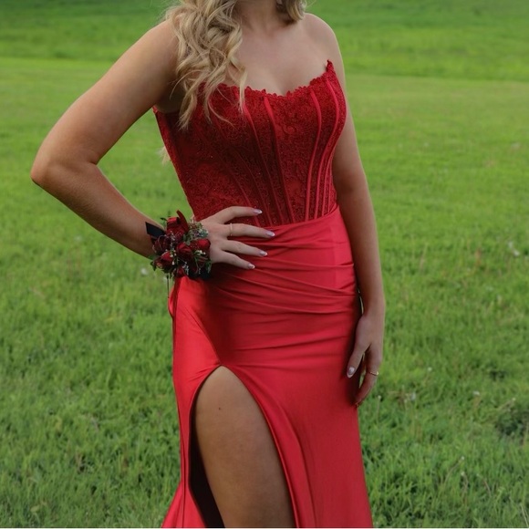 Sherri Hill Stunning Red Prom Corset Gown (style 55419) - Picture 3 of 16